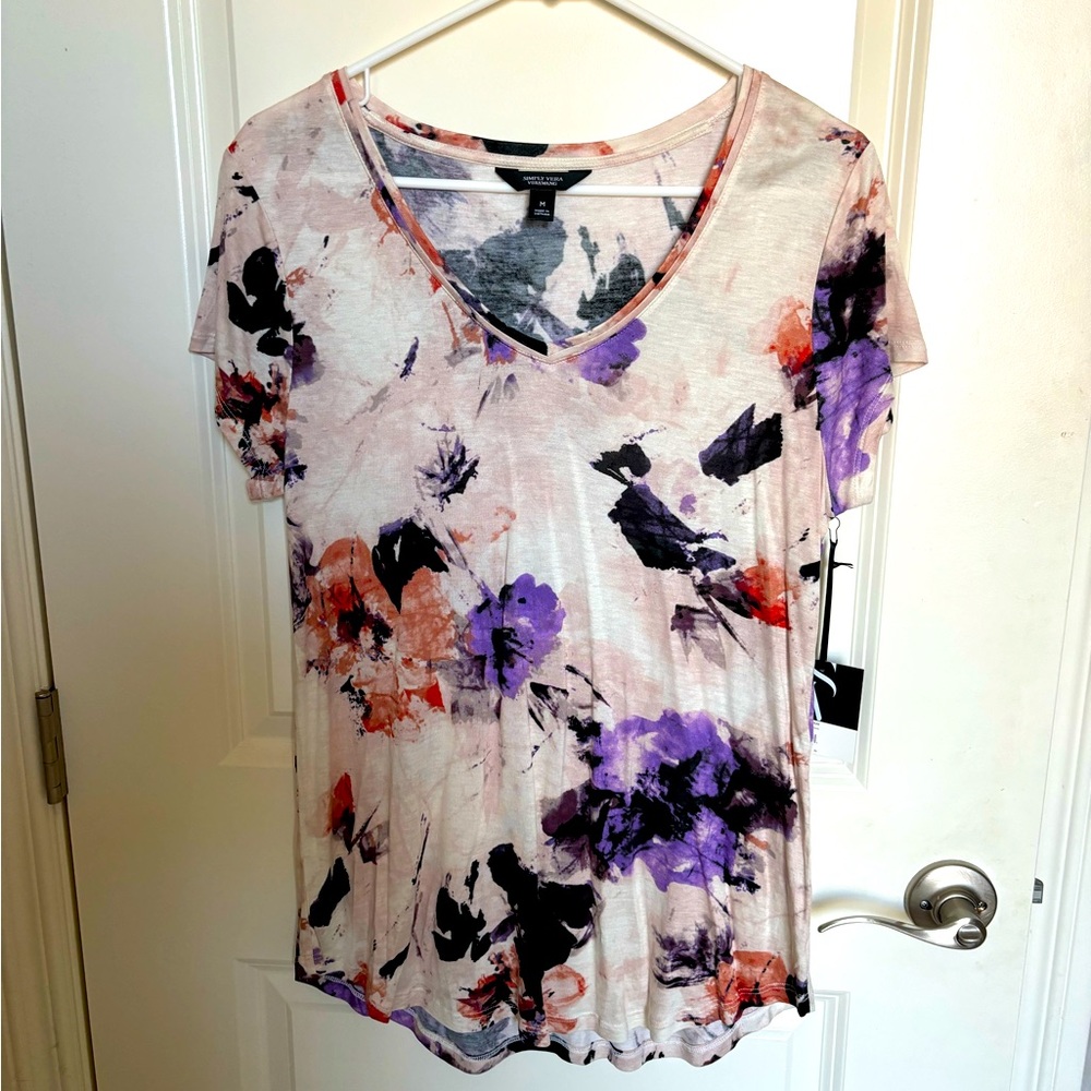 Simply Vera Vera Wang Pink Floral Short Sleeve V-Neck Tee